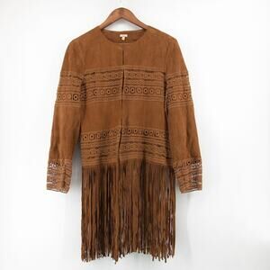 Reba Festival Boho Western Native 100% Goat Leather Fringe Crochet Long Jacket M